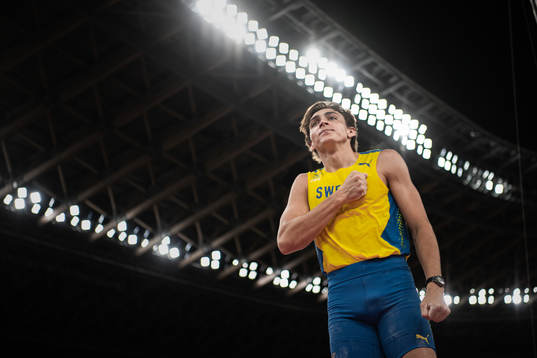 Armand Duplantis of Sweden celebrates when competing in