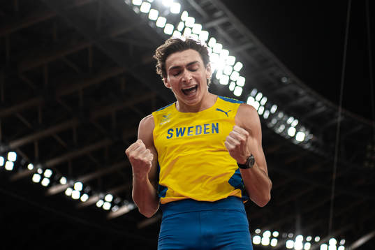 Armand Duplantis of Sweden celebrates when competing in