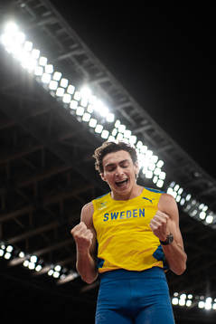 Armand Duplantis of Sweden celebrates when competing in