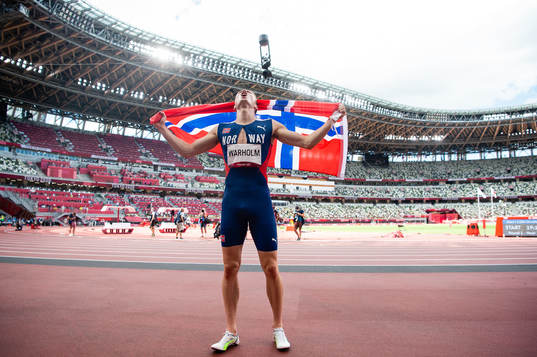 Karsten Warholm of Norway celebrates