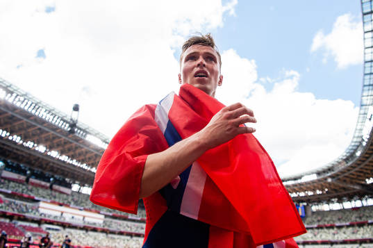 Karsten Warholm of Norway celebrates