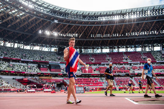Karsten Warholm of Norway celebrates