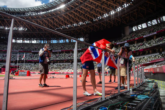 Karsten Warholm of Norway celebrates