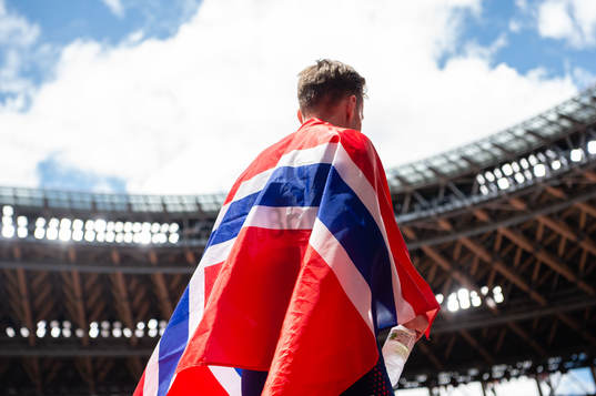 Karsten Warholm of Norway celebrates