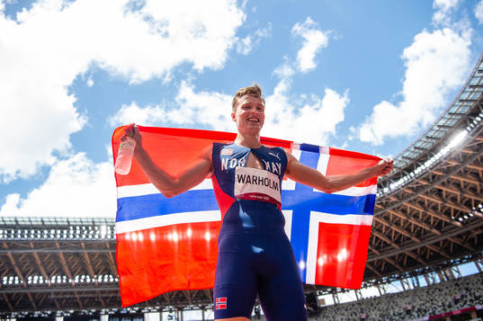 Karsten Warholm of Norway celebrates