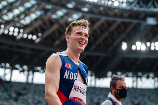 Karsten Warholm of Norway celebrates