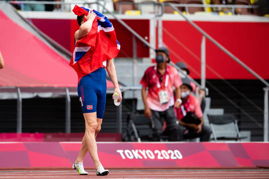 Karsten Warholm of Norway celebrates