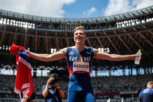 Karsten Warholm of Norway celebrates