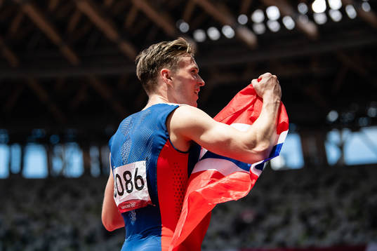 Karsten Warholm of Norway celebrates