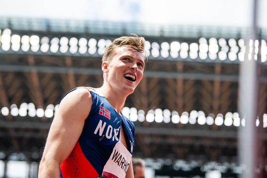 Karsten Warholm of Norway celebrates