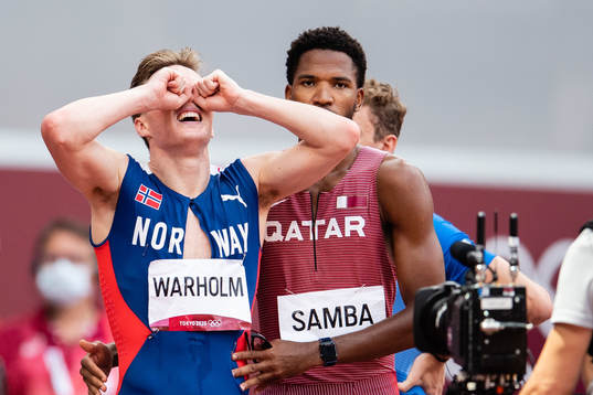 Karsten Warholm of Norway celebrates