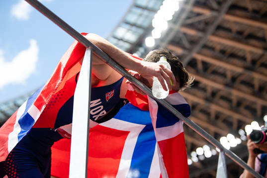 Karsten Warholm of Norway celebrates