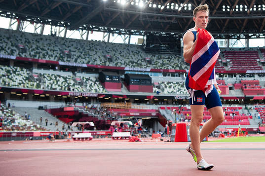 Karsten Warholm of Norway celebrates