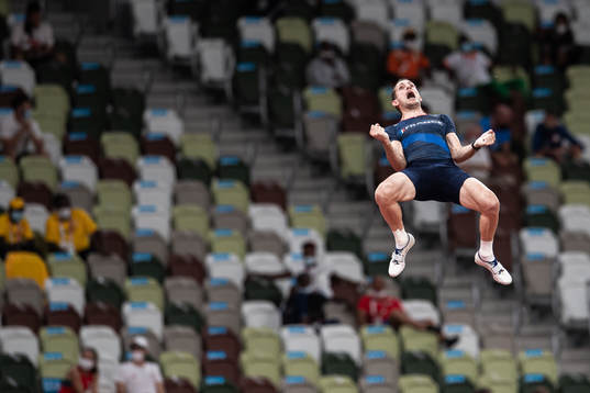 Renaud Lavillenie of France celebrates when competing in