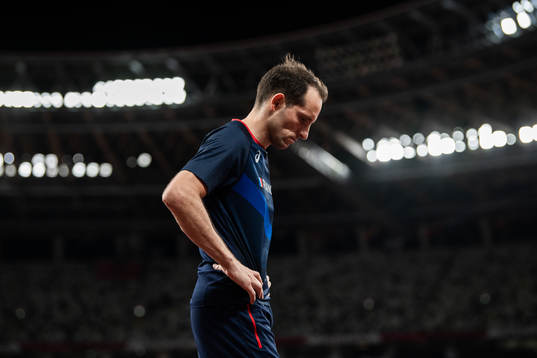 Renaud Lavillenie of France looks dejected when competing