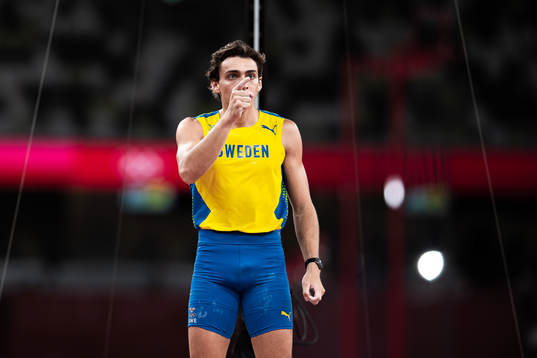Armand Duplantis of Sweden celebrates when competing in