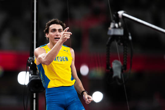 Armand Duplantis of Sweden celebrates when competing in