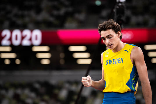 Armand Duplantis of Sweden celebrates when competing in