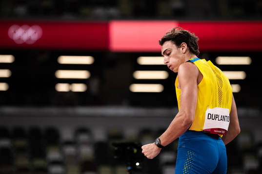 Armand Duplantis of Sweden celebrates when competing in