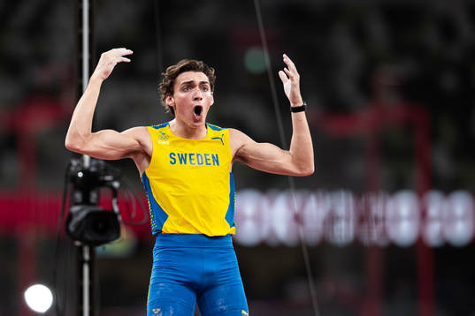 Armand Duplantis of Sweden celebrates when competing in