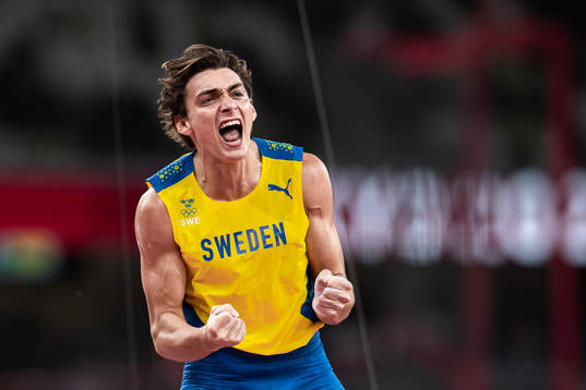 Armand Duplantis of Sweden celebrates when competing in