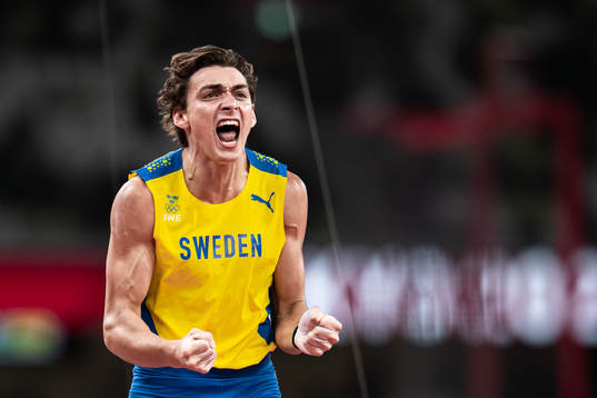 Armand Duplantis of Sweden celebrates when competing in