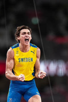 Armand Duplantis of Sweden celebrates when competing in