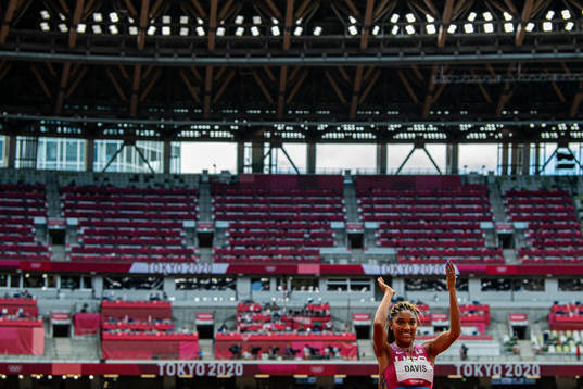 Tara Davis of Unites States celebrates while competing in