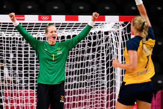 Goalkeeper Johanna Bundsen of Sweden celebrates in the