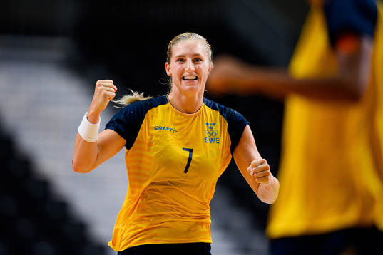 Linn Blohm of Sweden celebrates in the Women's Handball
