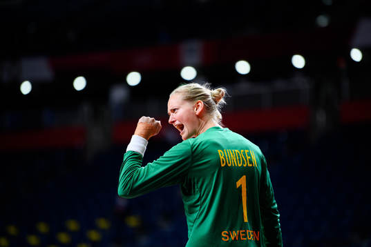 Goalkeeper Johanna Bundsen of Sweden celebrates in the