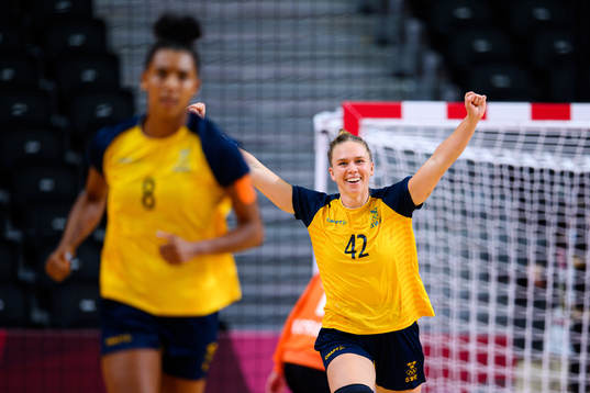 Jenny Carlson of Sweden celebrates in the Women's Handball