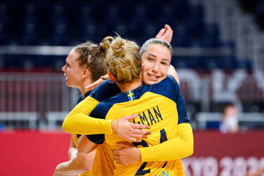 Nathalie Hagman and Anna Lagerquist of Sweden celebrate