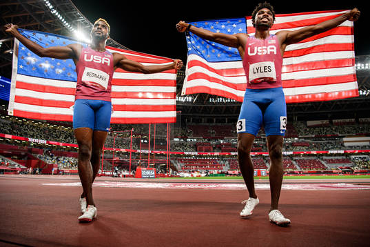 Kenneth Bednarek and Noah Lyles of USA celebrate