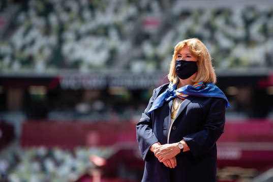 Gunilla Lindberg, IOC Member, at the medal ceremony