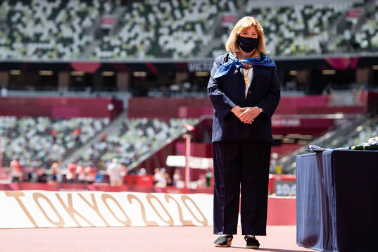 Gunilla Lindberg, IOC Member, at the medal ceremony