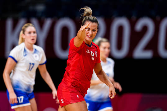 Nora Mørk of Norway celebrates in the women's semifinal