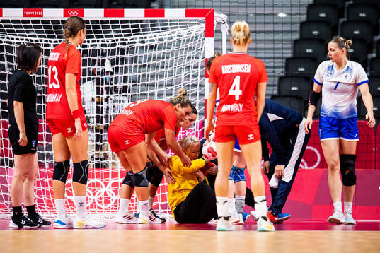 goalkeeper Katrine Lunde of Norway is injured in the