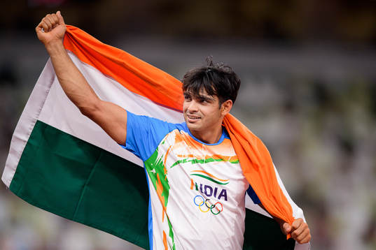 Neeraj Chopra of India celebrates