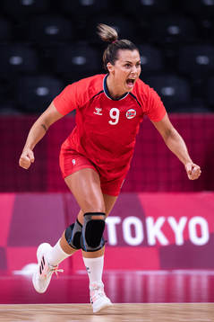 Nora Mørk of Norway celebrates in women's handball bronze
