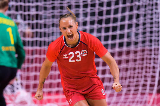 Camilla Herrem of Norway celebrates a goal in women's