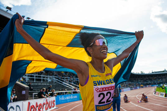 Meraf Bahta of Sweden celebrates