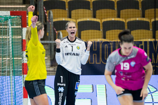 Goalkeeper Sofie Börjesson of Sävehof celebrates