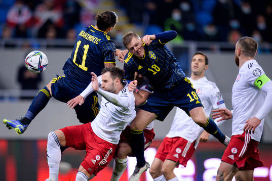Zlatan Ibrahimovic and Joakim Nilsson of Sweden against