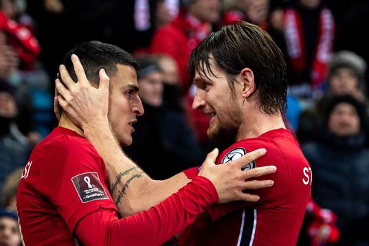 Mohamed Elyounoussi and Stefan Strandberg of Norway