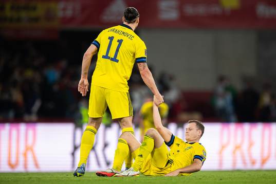 Zlatan Ibrahimovic and Viktor Claesson of Sweden look