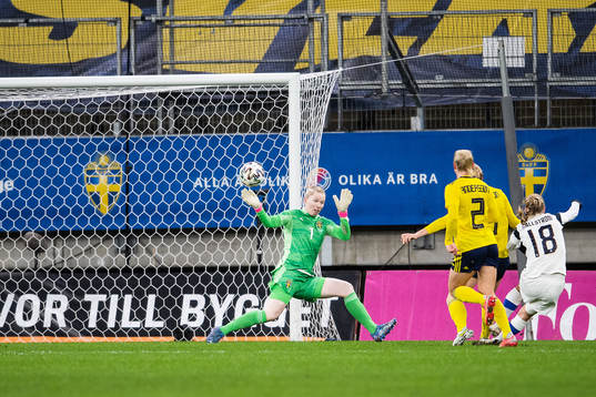 Linda Sällström of Finland scores 1-1 behind goalkeeper