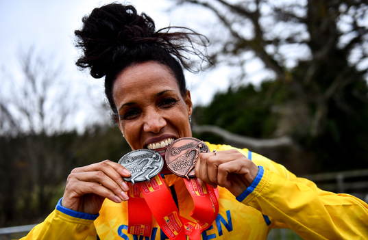 Meraf Bahta of Sweden with her silver medal and her bronze