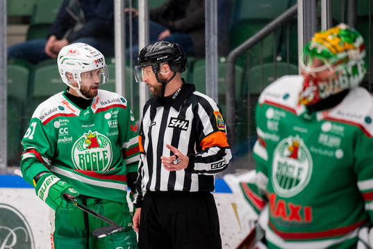 Rögles Ludvig Larsson i samtal med domare Marcus Linde