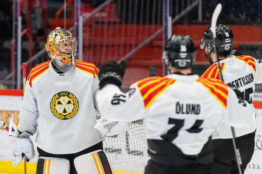 Brynäs målvakt Veini Vehviläinen jublar med lagkamrater